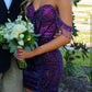 Lila glänzendes modisches schulterfreies kurzes Pailletten-Heimkehrkleid, Abschlussball-Abendkleid, Partykleid NV1245