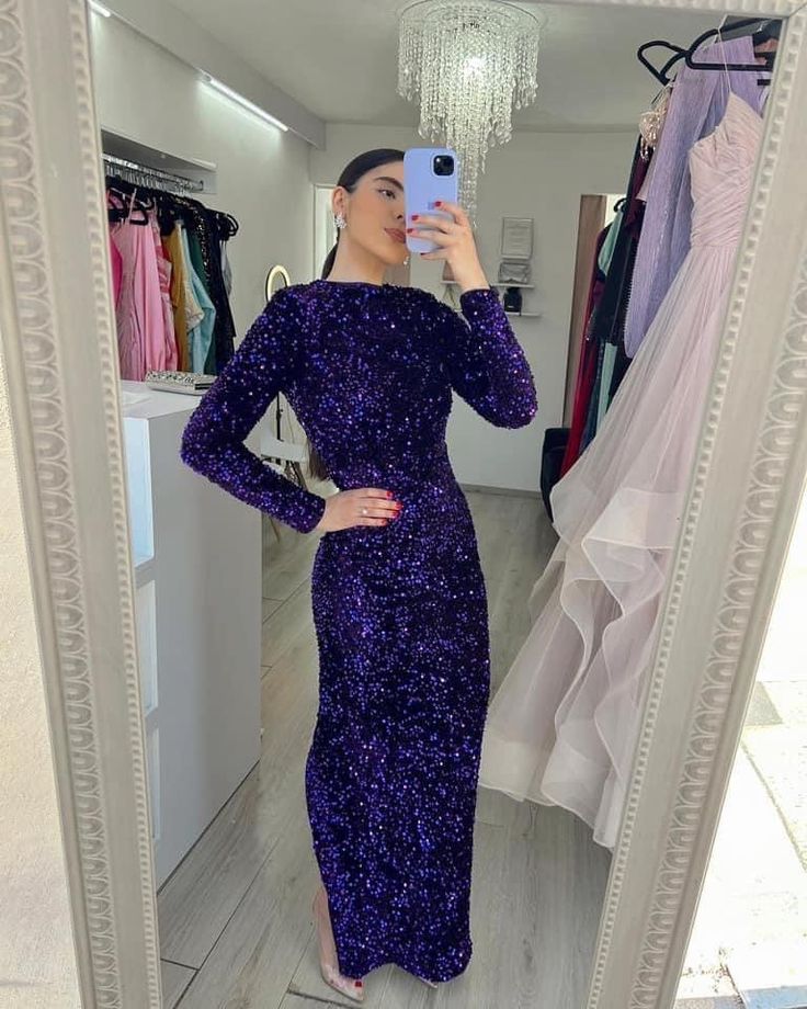 Purple Sparkling Sequins Long Sleeve Prom Dress Evening Gown Party Dress nv3192