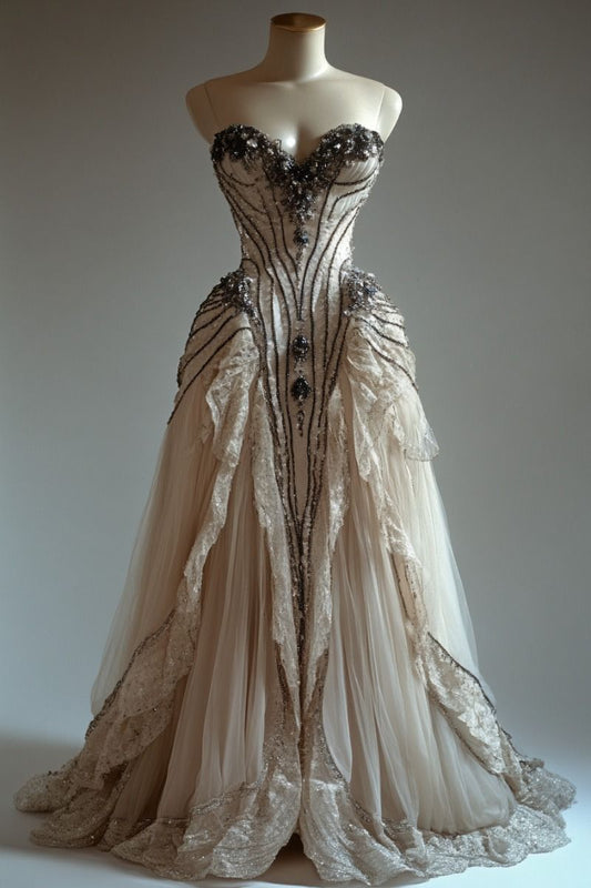 Elfenbeinweißes, perlenbesetztes, herzförmiger Ausschnitt, elegantes, langes Ballkleid aus Tüll mit Spitze, nv4845