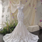 Weißes, langes Meerjungfrau-Kleid mit Blumenapplikationen und Spitze im bodenlangen Slim Fit, Ballkleid, Abendkleid, Brautkleid, NV4434