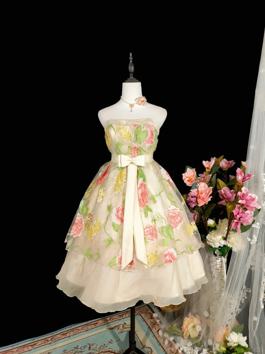 Weißes, florales, modisches, elegantes, kurzes Tüll-Ballkleid, Abendkleid, Geburtstagskleid, NV4778