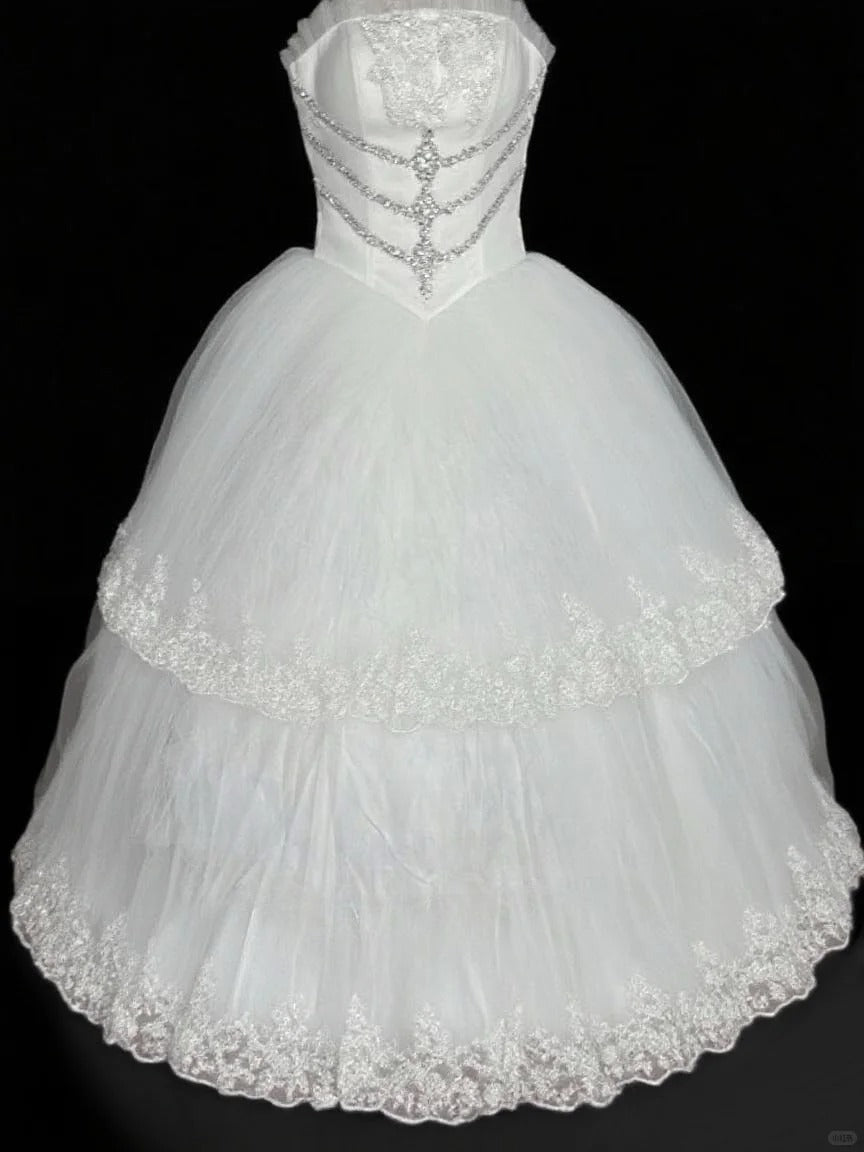 White Delicate Beading Elegant Long Lace Tulle Ball Gown Evening Dress nv4923