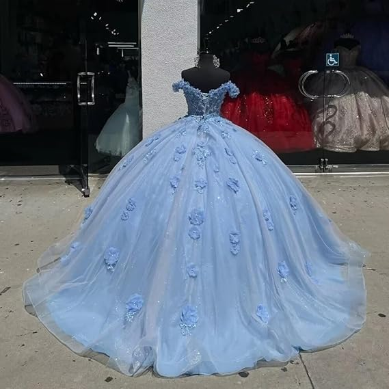 Blue gorgeous sweet off-the-shoulder exquisite floral applique long tulle ball gown evening gown dress nv3434