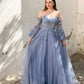 A-Linie Herzausschnitt Tüll Grau Blau Spitze Langes Ballkleid, Grau Blau Formelle Abendkleid nv1526