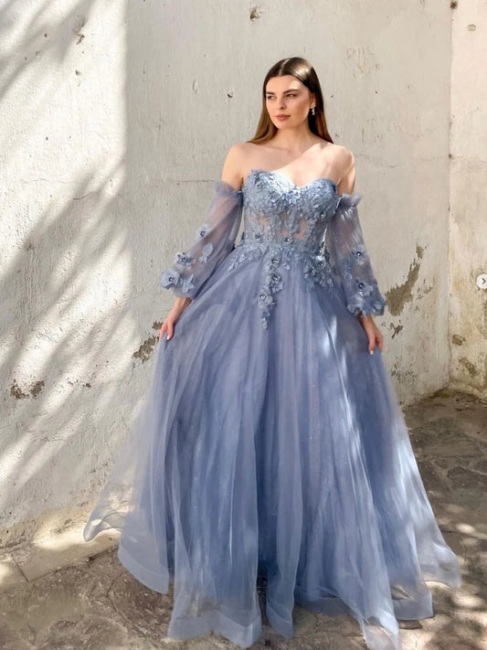 A-Linie Herzausschnitt Tüll Grau Blau Spitze Langes Ballkleid, Grau Blau Formelle Abendkleid nv1526