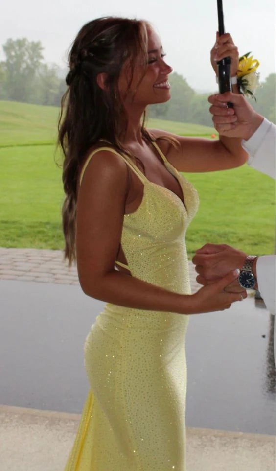 Robe de soirée longue argentée scintillante à bretelles spaghetti, style sirène, coupe ajustée, dos nu, jaune, robe de bal, robe de soirée formelle, nv3431