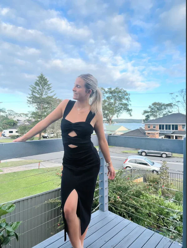 Elegantes schwarzes Trägerkleid mit Hohlsaum, Abendkleid, Cocktailkleid, Partykleid, nv2123