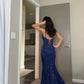 Blue shiny elegant sequins spaghetti strap sleeveless long slit long ball gown evening dress party dress nv2424