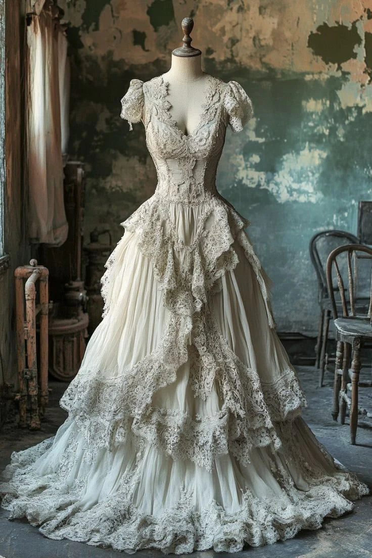 Vintage Victorian Style Puff-Sleeve Gown | Off-White Lace Multi-Layer Ballgown Maxi Dress for Wedding Retro Theme Party Luxury Dinner NV6283