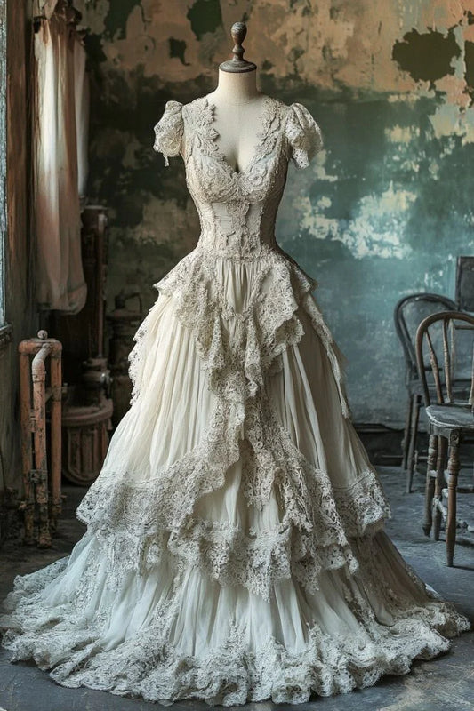 Vintage Victorian Style Puff-Sleeve Gown | Off-White Lace Multi-Layer Ballgown Maxi Dress for Wedding Retro Theme Party Luxury Dinner NV6283
