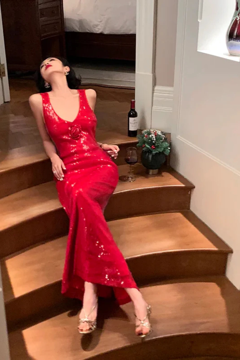 Charmante robe de soirée sirène rouge à paillettes et dos nu, nv5394