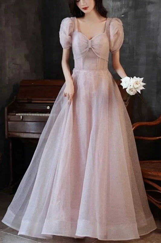 Langes, rosafarbenes Ballkleid, Prinzessinnen-Brautjungfernkleid, kurzärmeliges Kleid NV6725