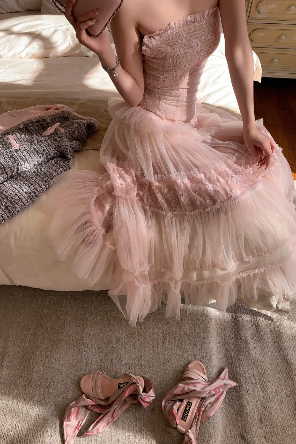 Langes, rosafarbenes Chiffon-Abendkleid NV6745