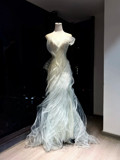Light Mint Off Shoulder Long Mermaid Formal Gown Hand Beaded Ruffle Tulle Evening Dress  NV6959