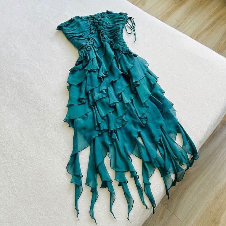 Grünes, elegantes, kurzes Chiffon-Kleid mit Rüschen, für die Heimkehr, Geburtstagsfeier, NV4605