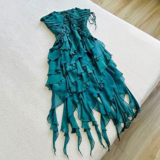Robe de soirée courte élégante en mousseline de soie à volants verts, robe de soirée d'anniversaire nv4605