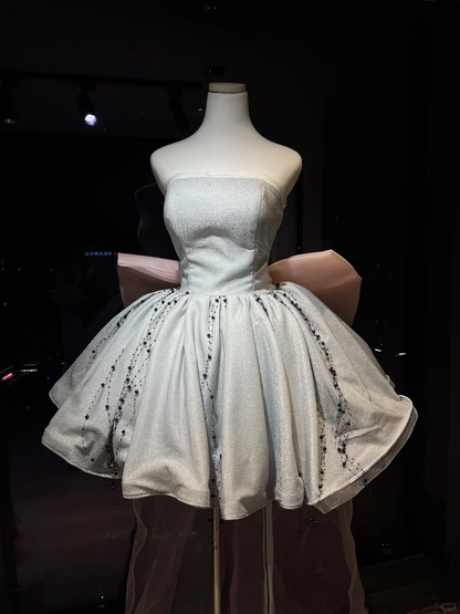 Silver Glitter Strapless Mini Homecoming Dress Tube Neck Beaded Tassel Puffy Skirt Large Pink 3D Bow Back Short Formal Gown  NV6932