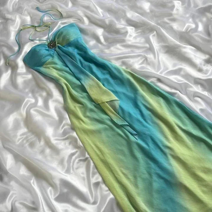 Robe de soirée longue en mousseline de soie, élégante, rose, dégradé, sans bretelles, nv4610