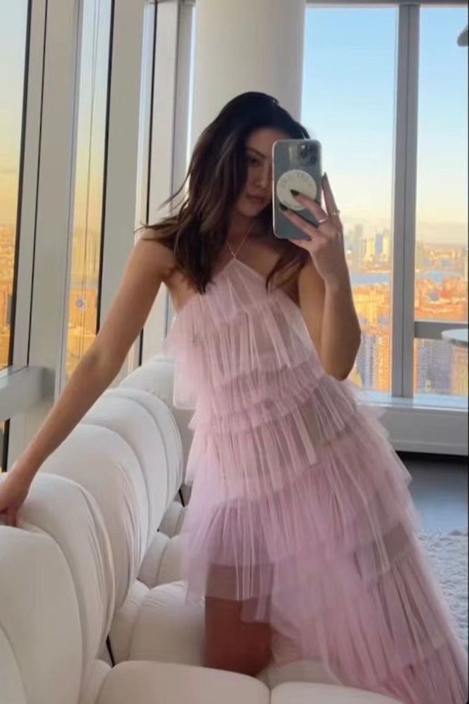 Robe de soirée longue en tulle rose à dos nu nv1353