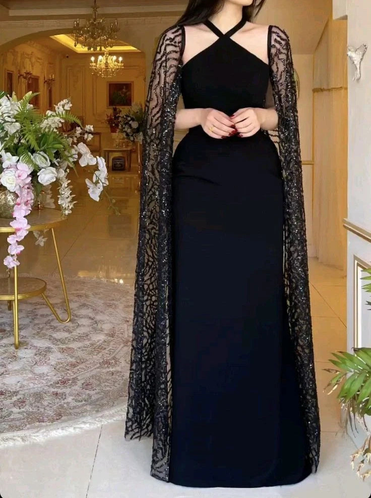 Schwarzes stilvolles elegantes Langarm exquisite Pailletten langes Satin Ballkleid Abendkleid Partykleid nv2165