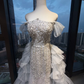 Silver White Off Shoulder Mermaid Formal Gown Beaded Sequin Side Ruffle Tulle Long Train Evening Dress  NV6971