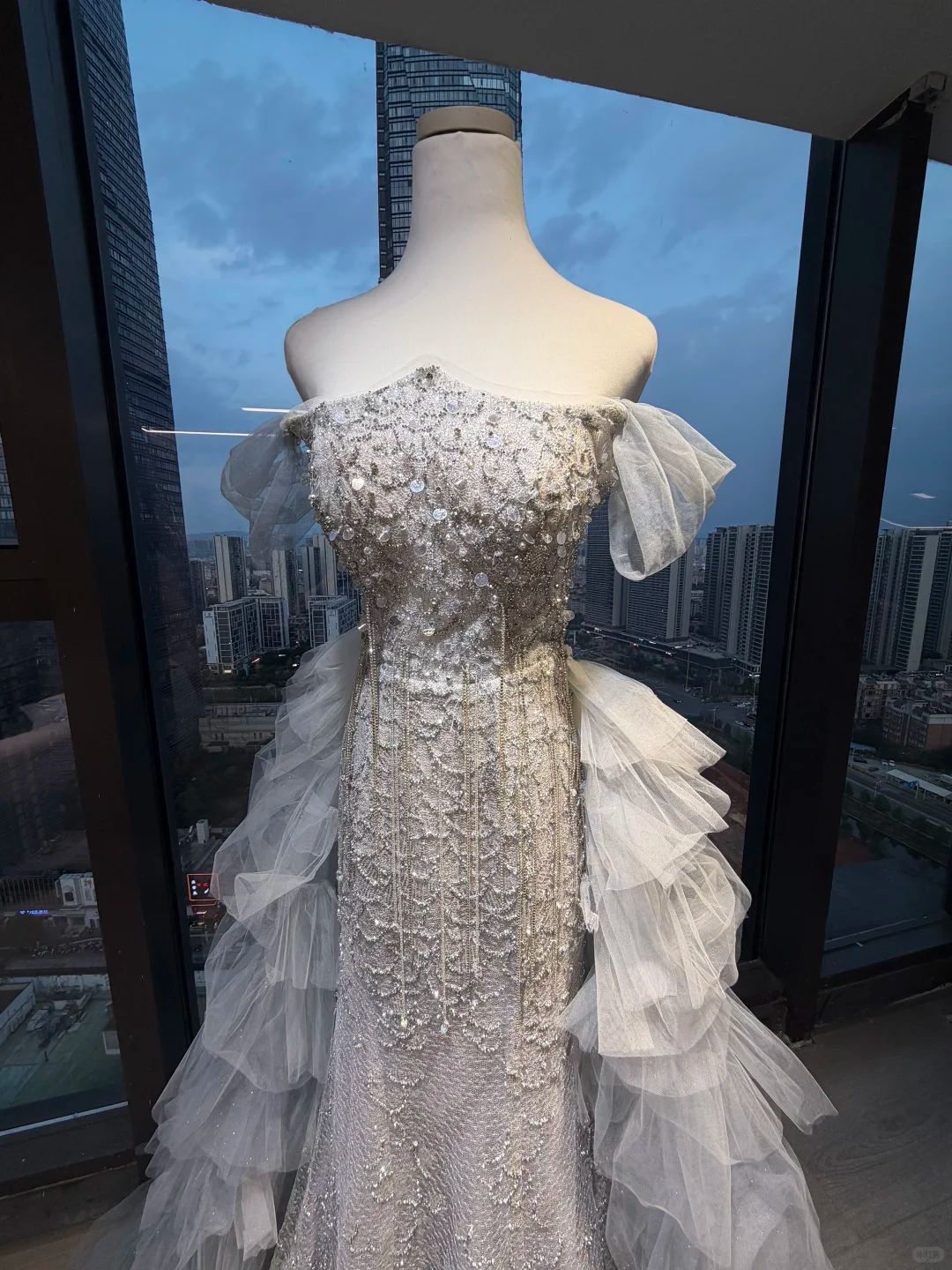 Silver White Off Shoulder Mermaid Formal Gown Beaded Sequin Side Ruffle Tulle Long Train Evening Dress  NV6971