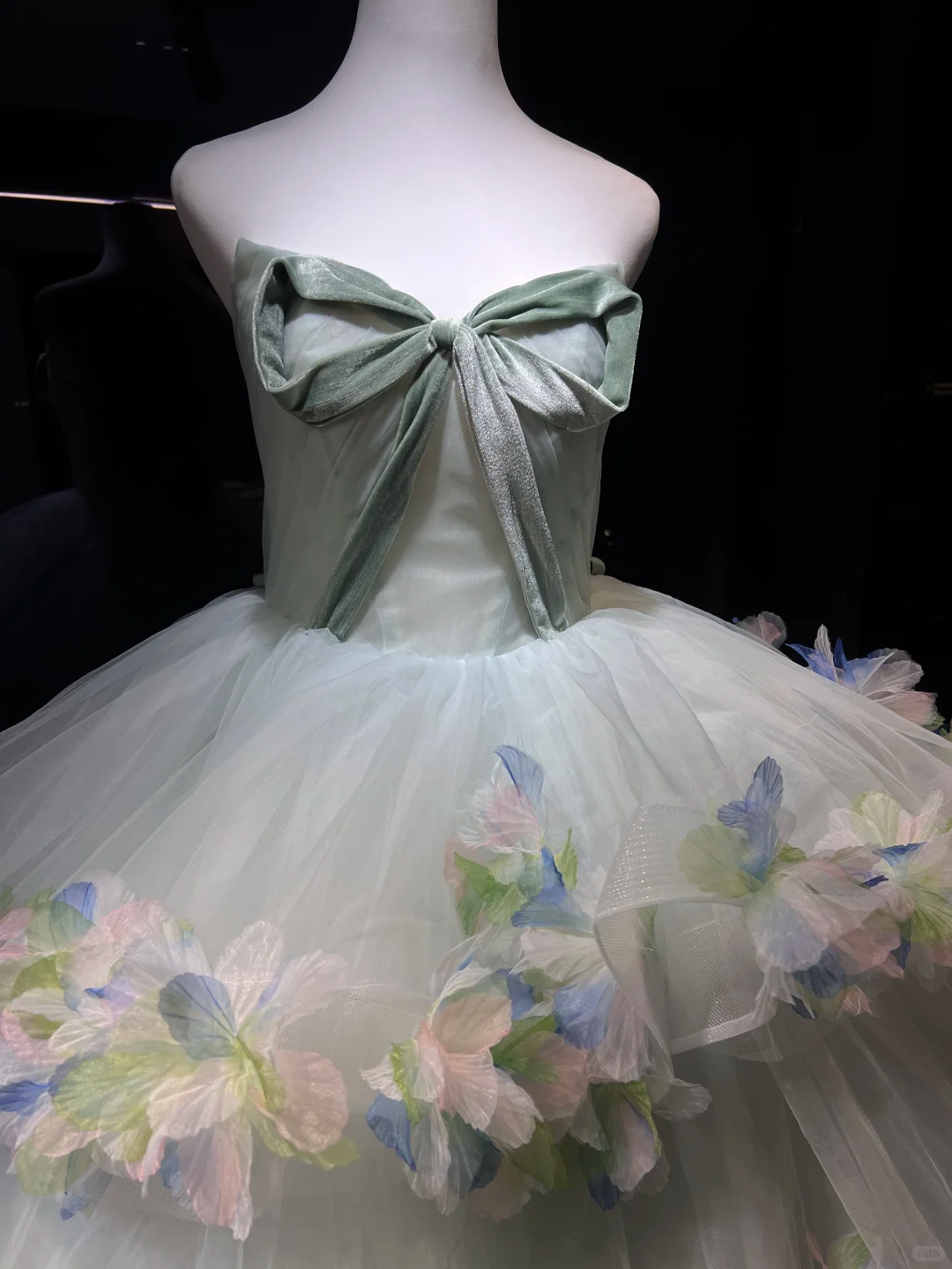 Mint Green Strapless Tulle Ball Gown, Corset Dress with Big Bow & 3D Butterfly Petal Appliques  NV7087