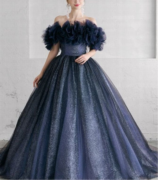 NiceVestidos – Marineblaues, schimmerndes langes Tüll-Ballkleid NV6135