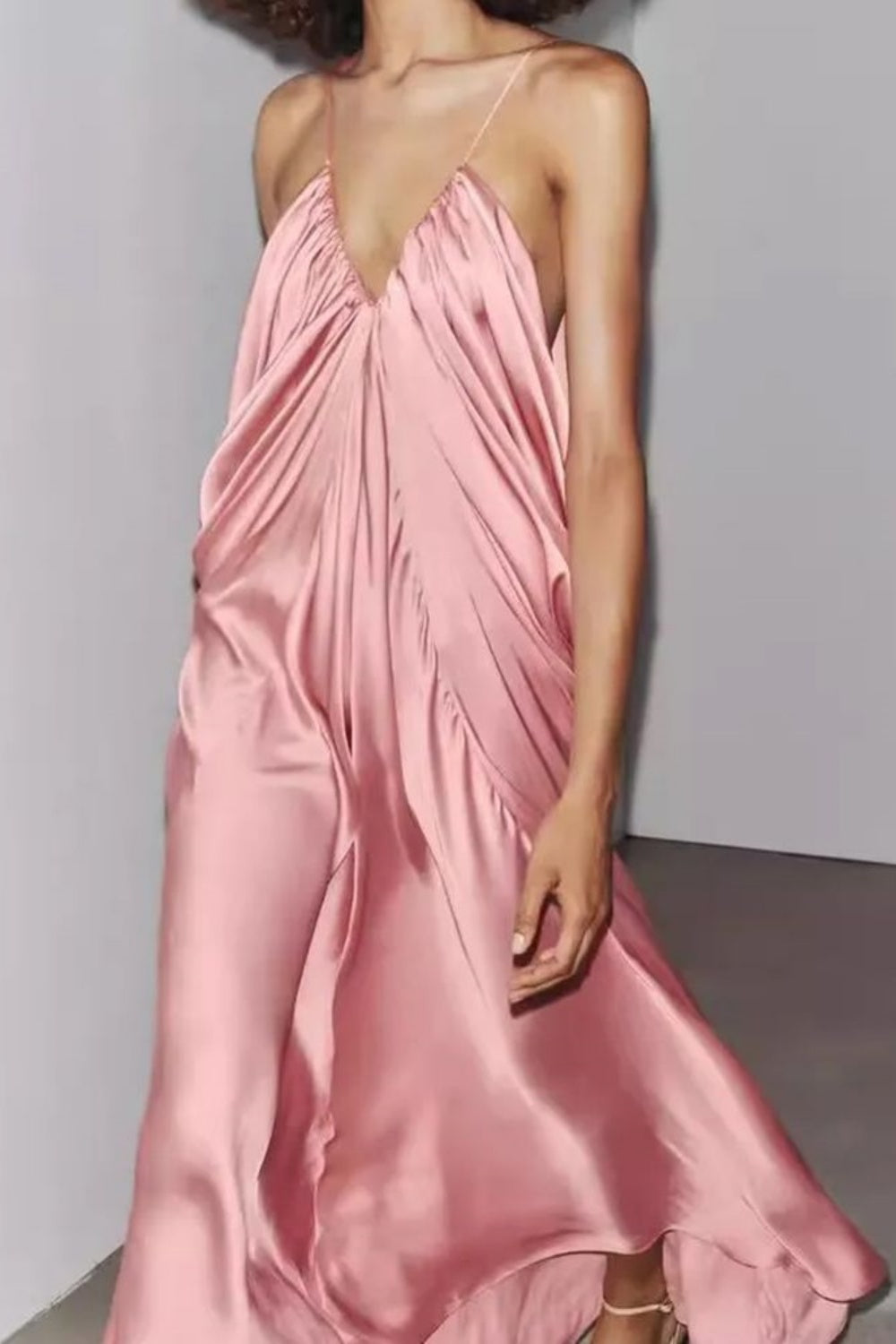 Rosa Mode V-Ausschnitt elegante lange Satin Ballkleid Brautjungfer Kleid Hochzeit Gast Partykleid nv5214