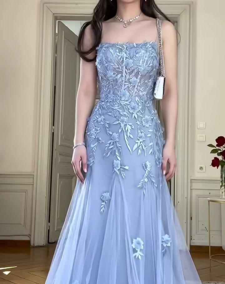 Blue lace embroidery long elegant tulle ball gown evening dress nv2982