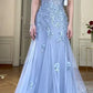 Blue lace embroidery long elegant tulle ball gown evening dress nv2982