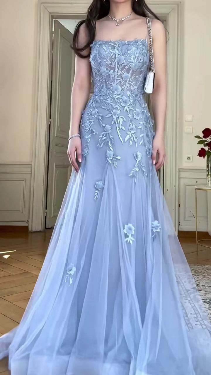 Blue lace embroidery long elegant tulle ball gown evening dress nv2982