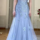 Robe de soirée longue en tulle bleu, élégante et raffinée, brodée, bretelles spaghetti, épaules dénudées, longueur au sol, robe de bal, robe de soirée, robe de soirée nv3716