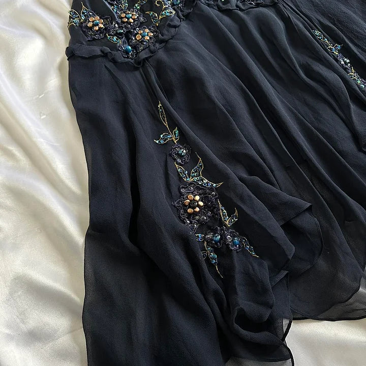 Marineblaues, dunkles, kurzes Vintage-Satin-Heimkehrkleid, nv5352