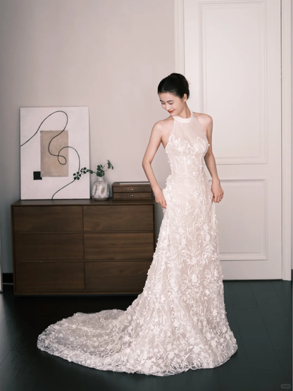 White Halter High Neck Lace Mermaid Wedding Dress  NV7235