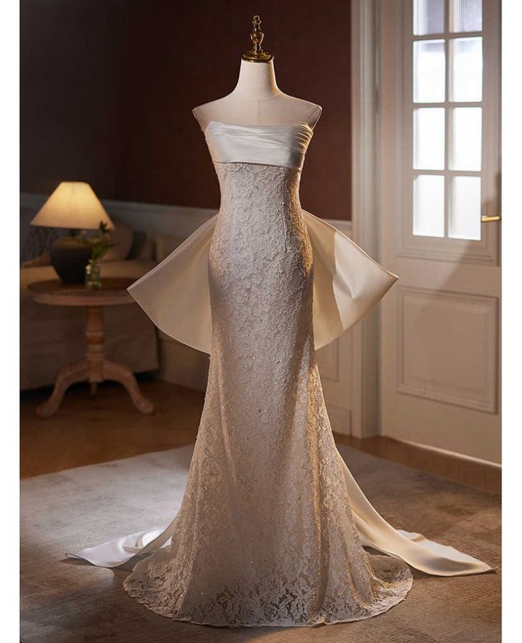 Robe de soirée sirène blanche élégante et brillante, sans bretelles, longue, en dentelle, style bal, robe de mariée traînante, nv3468
