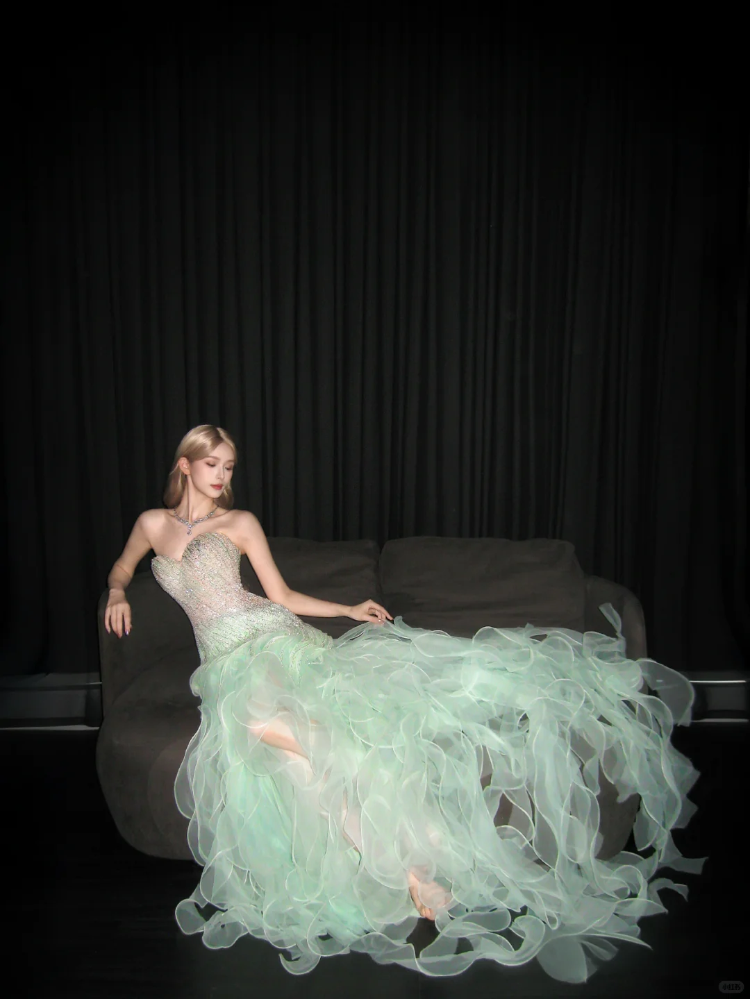 Strapless Mint Green Mermaid Prom Dress, Rhinestone Beaded 3D Ruffle High Slit Evening Gown  NV7104