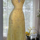 Gelbes wunderschönes Perlen-Spaghettiträger-A-Linien-Chiffon-Langballkleid-Abendkleid-Partykleid nv4229