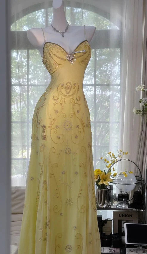 Gelbes wunderschönes Perlen-Spaghettiträger-A-Linien-Chiffon-Langballkleid-Abendkleid-Partykleid nv4229
