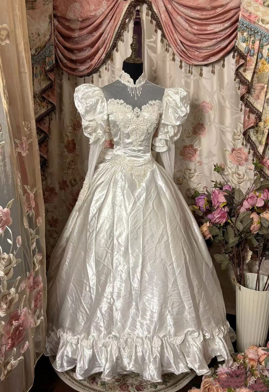 Weißes Langarm Vintage Elegantes Langes Satin Spitzen Brautkleid Ballkleid Abendkleid nv2970