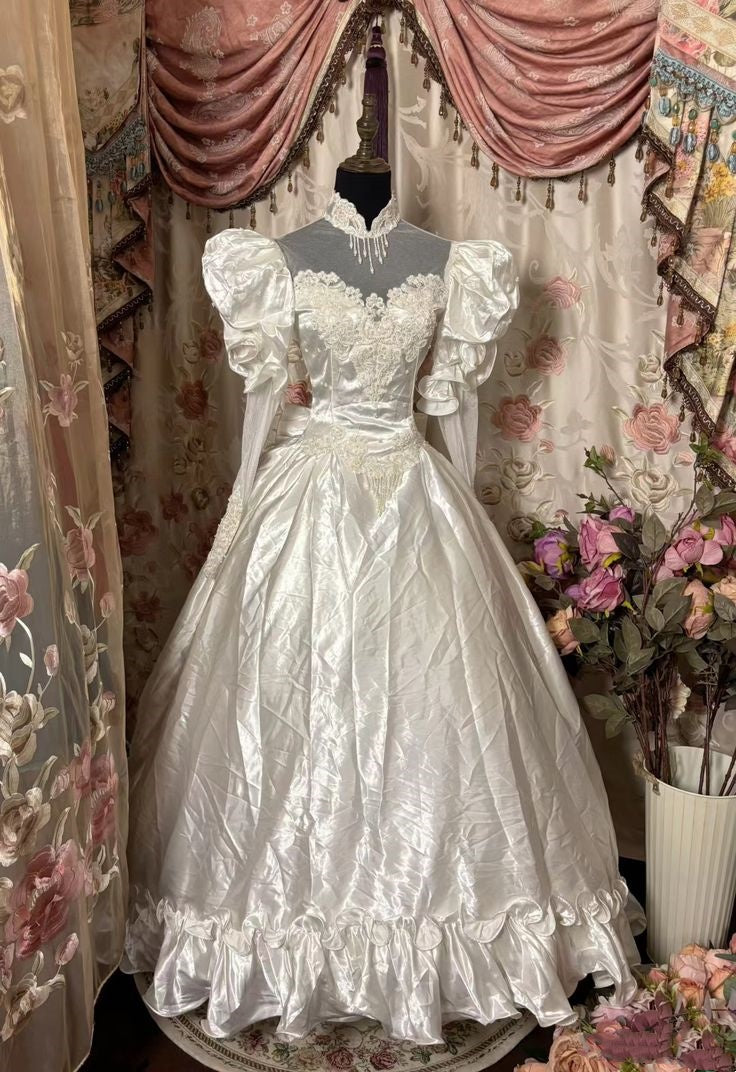 Weißes Langarm Vintage Elegantes Langes Satin Spitzen Brautkleid Ballkleid Abendkleid nv2970
