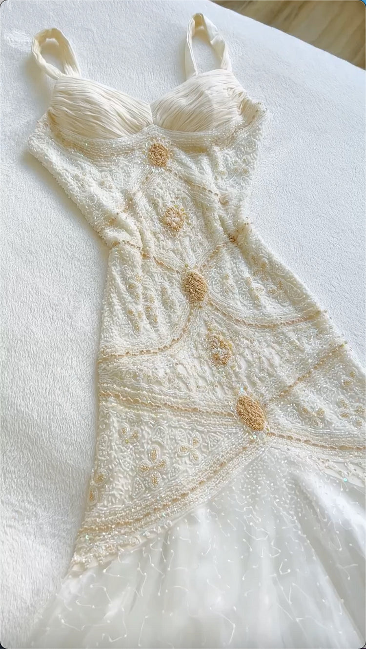 Robe de soirée longue en dentelle, style vintage, élégante et raffinée, avec perles, style ivoire, nv3566