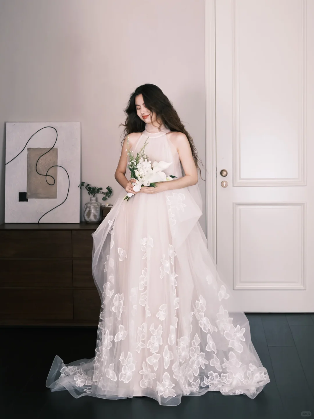 Halter Sheer Tulle Bridal Gown, A-Line Wedding Dress with 3D Flower Petal Appliques  NV7327