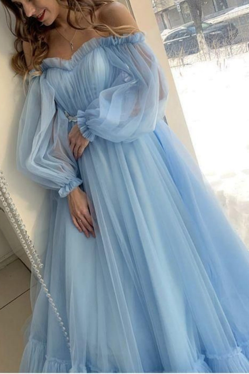 Blue stylish elegant long tulle puff sleeves ball gown evening dress nv3216