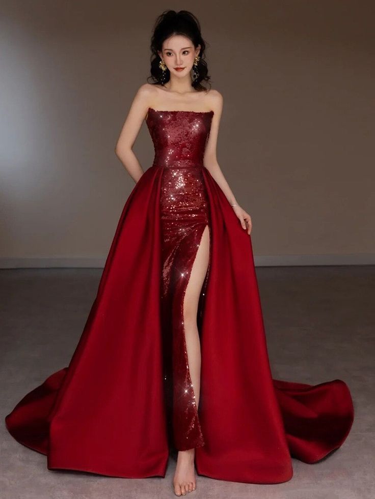 Red Mermaid Off-the-shoulder Sequined A-line Long Slit Ball Gown Evening Gown Party Dress nv2515