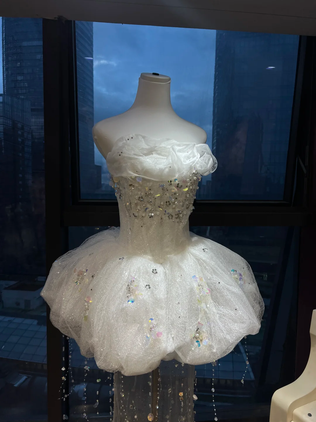 White Strapless Short Corset Formal Gown Glitter Tulle Crystal Chain Homecoming Dress  NV6954