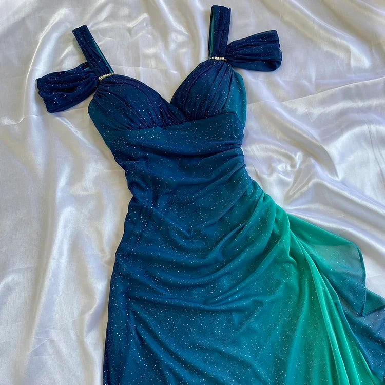 Robe de soirée élégante en mousseline de soie, longue, brillante, dégradé de mode, bretelles spaghetti, élégante, robe de bal, robe de soirée, nv3682