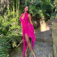 Robe de soirée courte à volants en mousseline de soie rose élégante et tendance nv3877