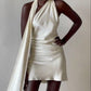 Robe de soirée courte en satin, couleur unie, élégante, épaules dénudées, couleur champagne, robe de soirée d'anniversaire, nv2538