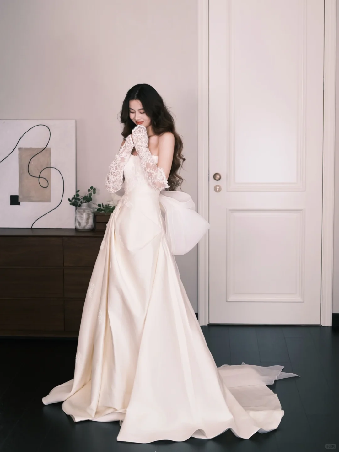 Off The Shoulder Satin Wedding Dress with Lace & Bow  NV7313